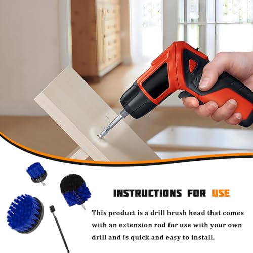 4PCS Drill Brush Attachment Kit with Extension Rod, Blue | PP bristles with steel shafts, three brush sizes, quick-change extension rod, follows curved surfaces, compact storage - color: Blue