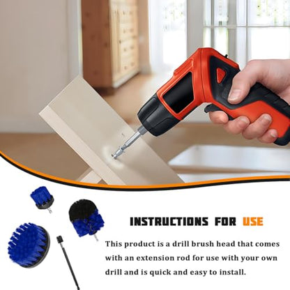 4PCS Drill Brush Attachment Kit with Extension Rod, Blue | PP bristles with steel shafts, three brush sizes, quick-change extension rod, follows curved surfaces, compact storage - color: Blue