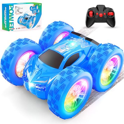 Wupuaait Flip Remote Control Car for Kids, RC Stunt Cars Toys for Boys Ages 4-7 with Double-Side and Changeable Led Lights, 1:24 Vehicle Toy Birthday Gift 3 4 5 6 7 8 9 Year Old Girls Racing Car Blue - color: Blue