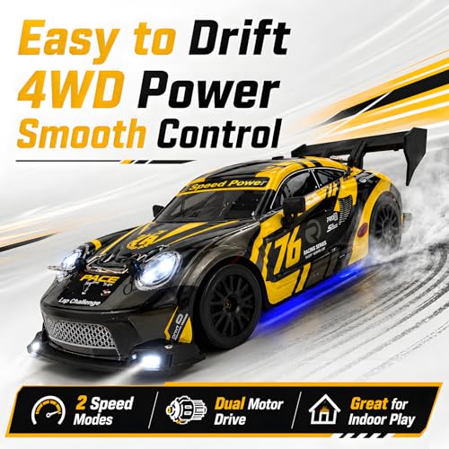 HTURCCOP 1:24 RC Drift 2.4GHz with LED Light, Race Car Toys for Boy Girl 8-12 Years Old, Speed Adjustable 25Km/H,High Speed RC Racing Cars Perfect Toy Gift for Boys & Girls (Yellow) - color: Yellow