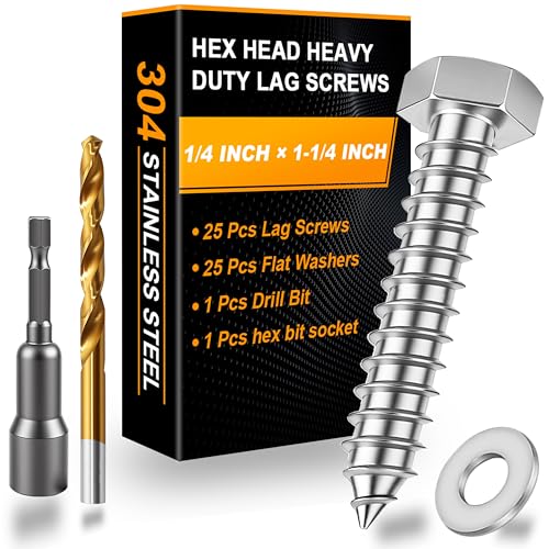 25 Pcs 1/4" x 1-1/4" Hex Head Lag Screws for Wood, Hex Head Lag Bolts,304 Stainless Steel 18-8 Heavy Duty Wood Screw with Flat Washers (25, 1/4" x 1-1/4") - size: 1/4" x 1-1/4"