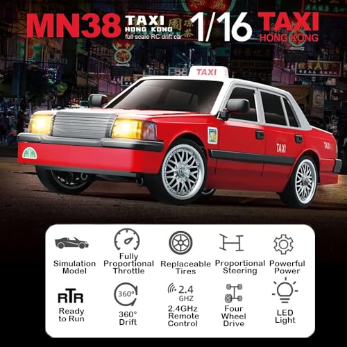 Remote Control Car, MN38 RC Drift Car, 1:16 Scale High Speed Remote Control Taxi, 4WD 2.4GHz RC Racing Cars with Drifting Tires, LED Lights and 2 Batteries for Adults