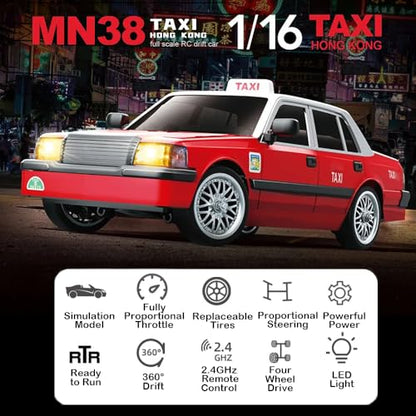 Remote Control Car, MN38 RC Drift Car, 1:16 Scale High Speed Remote Control Taxi, 4WD 2.4GHz RC Racing Cars with Drifting Tires, LED Lights and 2 Batteries for Adults