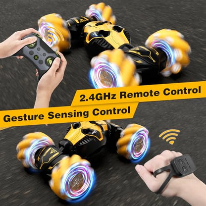 Remote Control Car for Boys 8-12, 4WD Gesture Sensing RC Stunt Car 2.4Ghz with Lights Music Sprayer RC Cars for Boys Age 4-7 8-12 Hand-Controlled Cars Toys Birthday Gifts for Kids Girls Yellow - color: Yellow