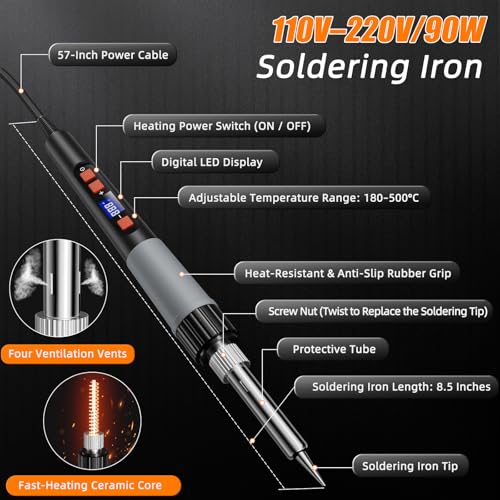 90W Digital Soldering Iron Kit for Electronics with Adjustable Temperature | 356-932°F (180-500°C) with ON/OFF Switch, Includes Desoldering Pump, Extra Tips & Accessories