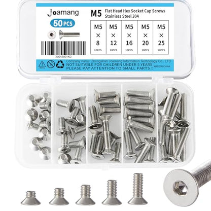 M5 x 8mm 12mm 16mm 20mm 25mm Flat Head Hex Socket Cap Screws Countersunk Bolts, Stainless Steel 304, Metric Allen Hex Drive, Bright Finish, Fully Threaded, Assortment Kit 50PCS - size: M5 x 8/12/16/20/25 mm
