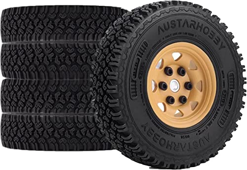 4PCS/Set 1.55 Inch Beadlock Metal Wheel Rim Rubber Tires Compatible with 1/10 RC Crawler Car Axial AX90069 D90 TF2 Tamiya CC01 LC70 (Yellow) - color: Yellow
