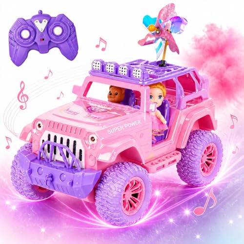 Remote Control Car for Girls with Spray and Sound, 2.4GHz Sparkling Pink RC | RC Cars for Kids with Dual Color Light & Doll, DIY Stickers, Windmill, Toy Cars Christmas Birthday Gift for Girls Age 6-12