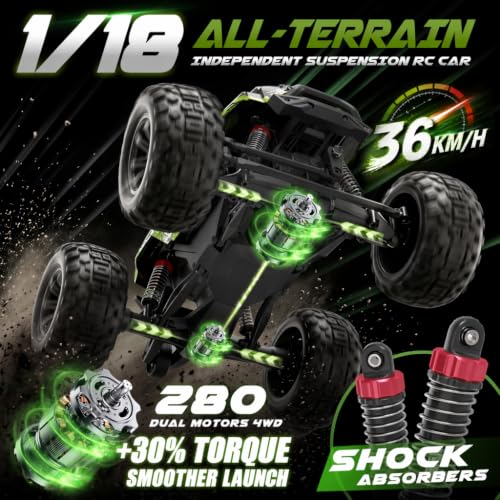 Hosim 1/18 All Terrain RC Cars, 38KPH+ 4WD Remote Control Car Monster Truck | High Speed 4WD RC Monster Truck, RC Truck with 2 Rechargeable 1500mAH Batteries, Waterproof Remote Control Truck Toy Gift - color: Green