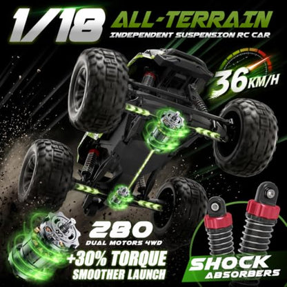 Hosim 1/18 All Terrain RC Cars, 38KPH+ 4WD Remote Control Car Monster Truck | High Speed 4WD RC Monster Truck, RC Truck with 2 Rechargeable 1500mAH Batteries, Waterproof Remote Control Truck Toy Gift - color: Green