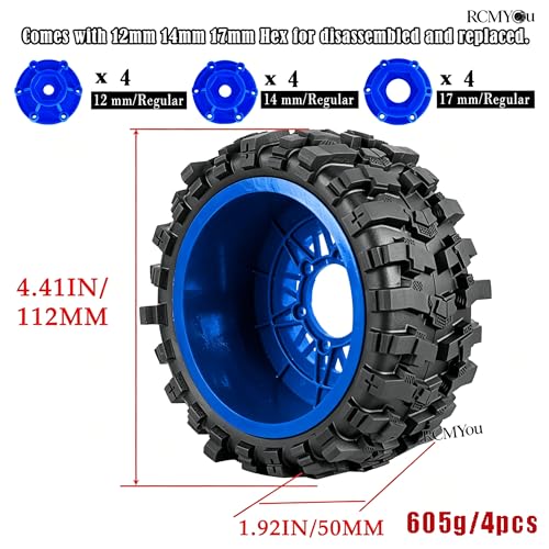 Rc Wheels and Tires Set for 1/10 Slash 2WD 4×4 4WD,Senton,Axia1,Redca t,Rc4w d,Detachable Replacement Running on Off-Road Tire,on-Road Tire w/12mm/14mm/17mm Hex,Soft Tires Plastic Rim,Navy Blue - color: Navy Blue (1/10)