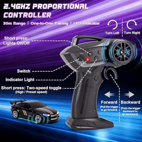 Mini RC Drift Car 1/64, Micro Remote Control Car with Led Lighting | 2.4ghz stunt pocket desktop drift cars with 4 obstacles & joystick control, adjustable dual speed modes - color: 1 Pc Black