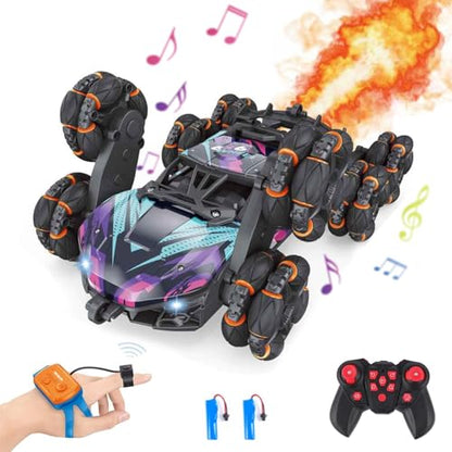 Remote Control Car, Gesture Sensing RC Stunt Car, 8WD Transform Cars Climbing Toys with Spary and Light, 360° Rotating, 2.4GHz 8 Wheels RC Cars with 2 Batteries (Purple) - color: Purple, size: 2 Batteries