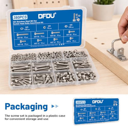 380PCS M5 Hex Socket Head Cap Screw Assortment Kit 304 Stainless Steel | Metric Machine Bolts and Nuts, Flat & Spring Washers, M5x8/10/12/16/20/25/30/35 mm for 3D Printer, RC Car, Drones, DIY Repair - size: SS M5 380PCS