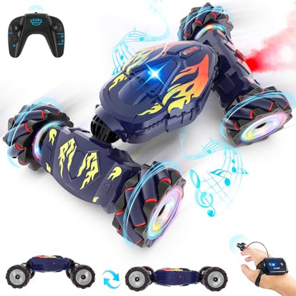 Pristar RC Cars, Gesture Sensing RC Stunt Car Toys for Boys Girls 6-12 | 2.4Ghz 4WD Remote Stunt Car with Spray Lights Music 360°Fast Off-Road Transform, Birthday Xmas Gifts for Kids Age 6-12 - color: Blue-flame