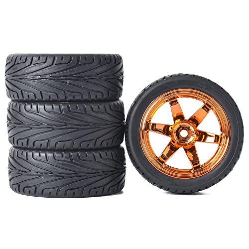 4PCS RC Car Rubber Tires and Plastic Wheels Rims Compatible with 1/10 Scale On Road Touring Racing Flat Drift Car for HSP HPI Tamiya (Orange) - color: Orange