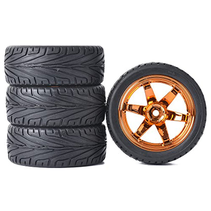 4PCS RC Car Rubber Tires and Plastic Wheels Rims Compatible with 1/10 Scale On Road Touring Racing Flat Drift Car for HSP HPI Tamiya (Orange) - color: Orange