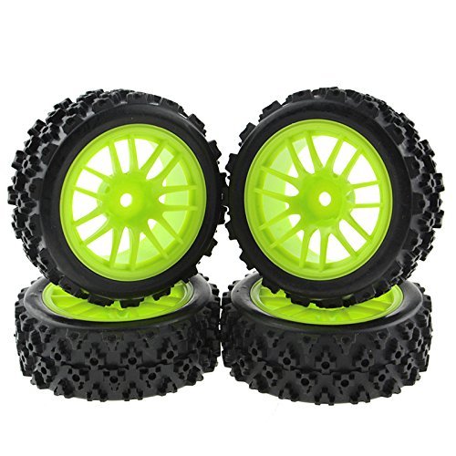 Green RC 1:10 Scale On-Road Tires Wheel Rims | 4 X, Hex 12MM, Crossing Rubber - color: Green