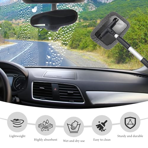 Car Windshield Cleaner Tool, Detachable Car Window Cleaner with Aluminum Extendable Handle & 2 Reusable Cloth Pads, Washable Vehicle Windshield Cleaning Wand for Exterior (Gray) - color: Gray