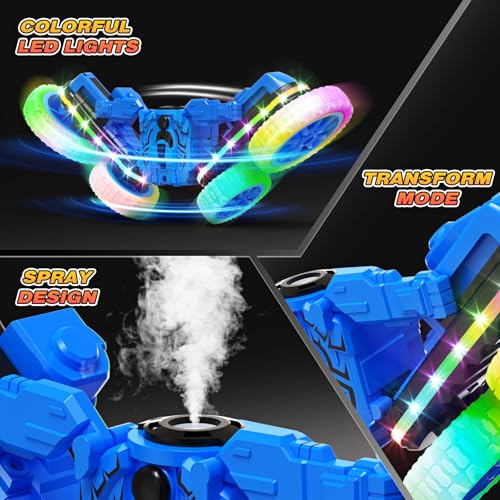 Jimdella RC Cars Toys, 2-in-1 Remote Control Car Transform 4WD with Spray & LED Lights, 2.4GHz Off-Road Stunt Truck for 360° Flips Gift for Boys Age 8-12 (Blue) - color: Blue