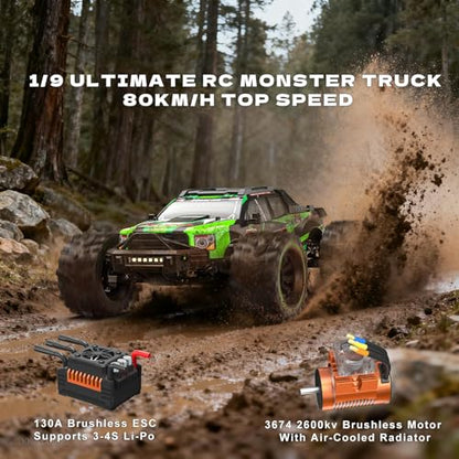 ZD Racing MT09 1/9 4WD Brushless Monster Truck RTR RC Vehicle – 3S/4S Compatible, 65+ km/h High Speed, Full Metal Chassis, Reinforced Drivetrain, Extreme Off-Road RC Car -Green