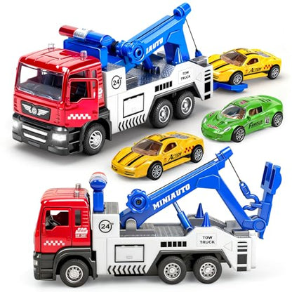 Diecast Tow Truck Toy, Pull Back Vehicle with 2 Mini Cars for Boys | Carrier Trucks Toys with Lights & Sound, Metal Tow Truck and Trailer for Kids Toddlers Age 3 4-7 8 9 Years Old - style: Tow Truck