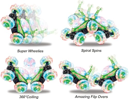 Haktoys 2-Pack Rechargeable RC Tornado Stunt Cars – Remote Control Flip Trucks with 360° Spins & Turbo Twister Action | Double-Sided Stunt Vehicles for Kids Toddlers Boys & Girls (Green & Blue) - color: Blue & Green