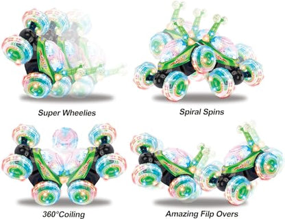 Haktoys 2-Pack Rechargeable RC Tornado Stunt Cars – Remote Control Flip Trucks with 360° Spins & Turbo Twister Action | Double-Sided Stunt Vehicles for Kids Toddlers Boys & Girls (Green & Blue) - color: Blue & Green