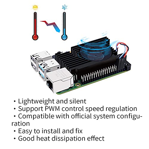 GeeekPi Aluminum Heatsink with PWM Controllable Fan for Raspberry Pi 4, Pi 4 Armor Lite Heatsink with PWM Speed Control Fan for Raspberry Pi 4 Model B