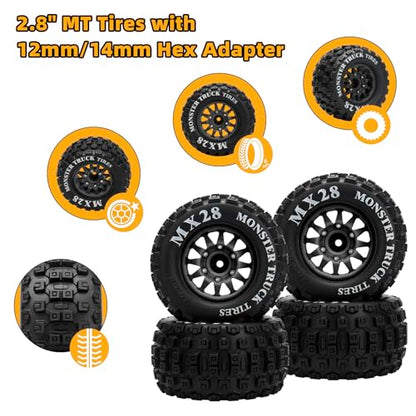 2.8" RC Tires with 12mm/14mm Hex Adapter 1/10 Scale RC Truck Tires RC Wheels and Tires Set for Traxxas Arrma Rustler Stampede 4PCS (Black) - Not Glued - color: Black