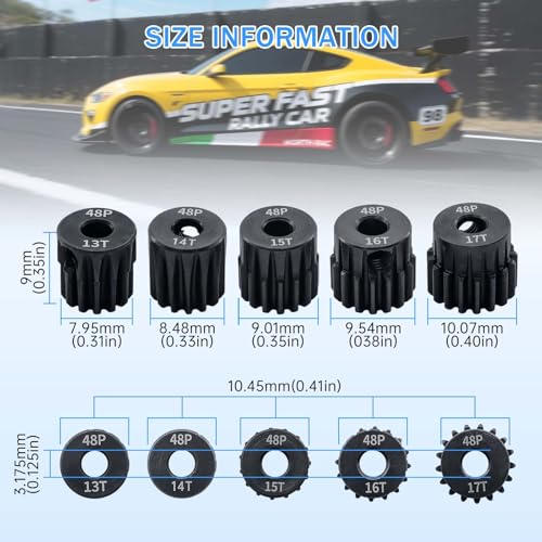 Surpass 48P Pinion Gear Set Hardened 13T 14T 15T 16T 17T Pinion Gear 3.175mm Inner Hole fit for 1/10 RC Car with Screwdriver (5pack) - size: 13T 14T 15T 16T 17T