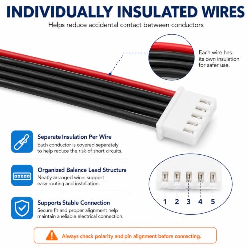 5-Pack 4S Balance Plug Extension Leads, 200mm 22AWG JST-XH Style Wires | Flexible 22AWG PVC-insulated wire extends 4S LiPo balance connections by 200mm for easier RC charging and cable routing.