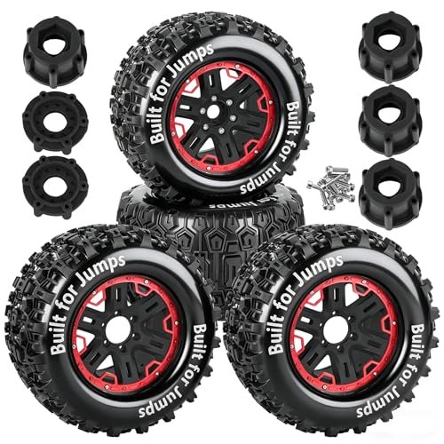 RC Wheels and Tires Set(4PCS) for 1/8 1/10 Monster Truck Tires,Traxx as/Arrm a 6S/Summi t/E Rveo/T-Maxx RC Off-Road etc,17mm Hex Tire and Wheels/Plastic Rims,Red and Black - color: Red and Black-(wheels Tires)