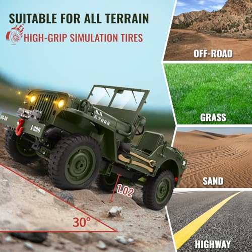 Remote Control Truck Off Road - 4x4 1/10 Scale Willys Army Rock Crawler RC Truck with Winch&Car Cover, 40Mins Play Time All Terrain Offroad RC Car, Military Vehicle Toys for Boys, Radio Controlled Car - color: Army Green