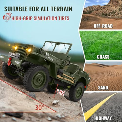 Remote Control Truck Off Road - 4x4 1/10 Scale Willys Army Rock Crawler RC Truck with Winch&Car Cover, 40Mins Play Time All Terrain Offroad RC Car, Military Vehicle Toys for Boys, Radio Controlled Car - color: Army Green