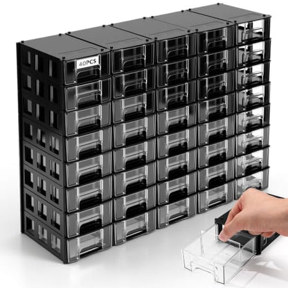 Novabright 40 Drawer Plastic Small Parts Organizer, Wall Mount Storage Cabinet with Clear Drawers and Blank Labels, Heavy Duty Tool Organizer for Hardware Crafts Beads Building Bricks, Black
