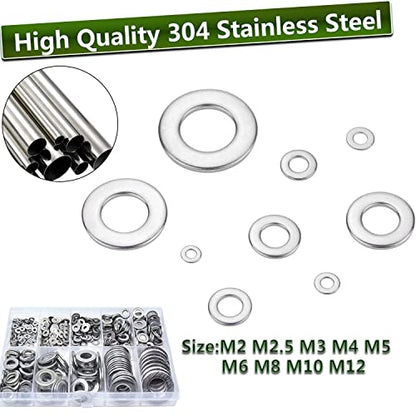 Flat Washers Assorted Kit,Hincell 900pcs 304 Stainless Steel Flat Washers for Screws Bolts,Fender Washers Assortment Set,Stainless Steel Washers, Lock Metal Washers