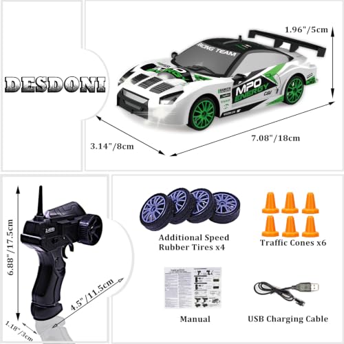 RC Drift Car Remote Control Car 2.4GHz 1:24 Scale 4WD 15KM/H High Speed Model Vehicle LED Lights Drifting Tire Racing Sport Toy for Adult Boys Girls Kids Gift 2Pcs Rechargeable Batterie - color: White