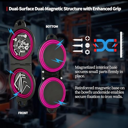 Magnetic Trays, Magnetic Bowl for Screws, Magnetic Tool Tray (magenta2.0) | Collapsible Magnetic Tool Tray, Integrated 5.1" Round Dual Silicone Bowls, Upgraded Version, Bonus Hook for On-the-Go Carry - style: magenta2.0