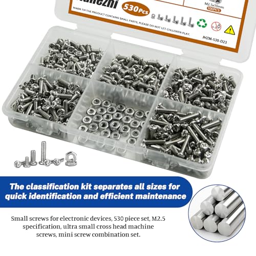 530Pcs M2.5 304 Stainless Steel Metric Micro Screws Nuts Assortment | M2.5x4/5/6/8/10mm Sizes, Phillips Pan Head, Fully Threaded Kit for Arduino, RC Models, Electronics, DIY Projects - size: M2.5x4/5/6/8/10- 530 Pcs