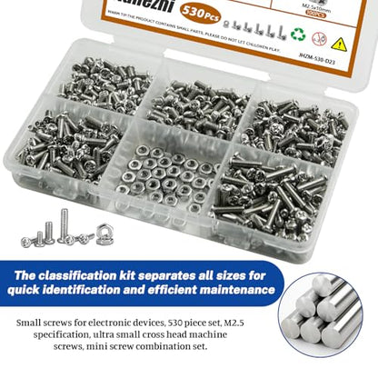 530Pcs M2.5 304 Stainless Steel Metric Micro Screws Nuts Assortment | M2.5x4/5/6/8/10mm Sizes, Phillips Pan Head, Fully Threaded Kit for Arduino, RC Models, Electronics, DIY Projects - size: M2.5x4/5/6/8/10- 530 Pcs