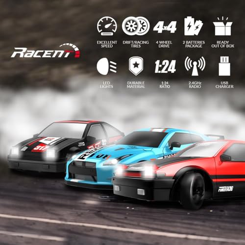 RACENT 1:24 Mini RC Drift Car, 10MPH 4WD Remote Control Car with LED Light, Racing and Drifting Wheels, 2 Rechargeable Batteries, Perfect Toy for Boys, Girls, Kids (Black) - color: Black, size: 1:24 Scale