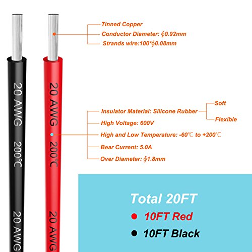 Electrical Wire 20 AWG 20 Gauge Silicone Wire Hook Up Wire Cable 20 Feet [10 ft Black and 10 ft Red] - Soft and Flexible 100 Strands 0.08mm of Tinned Copper Wire High Temperature Resistant - size: 2 Colors each 10FT, style: 20AWG