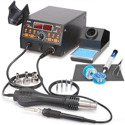 902D III Hot Air Soldering Station 2-IN-1 Kit with 3 Preset Channels, Small Silicone Work Mat, 4 Soldering Tips, 2 Lead-free Solder, Solder Sucker, ESD-Safe Tweezers