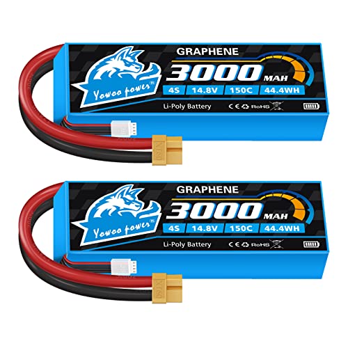 Yowoo 4S 14.8V 3000mAh 150C Graphene LiPo Battery 2-Pack XT60 | Soft case, high discharge. Fits RC airplanes, helicopters, cars, boats, drones & FPV. Adapters for EC3/T/TR/Tamiya available.