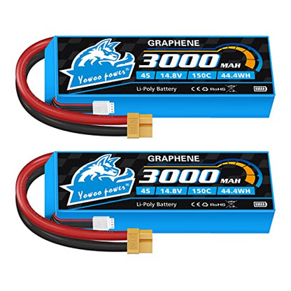 Yowoo 4S 14.8V 3000mAh 150C Graphene LiPo Battery 2-Pack XT60 | Soft case, high discharge. Fits RC airplanes, helicopters, cars, boats, drones & FPV. Adapters for EC3/T/TR/Tamiya available.
