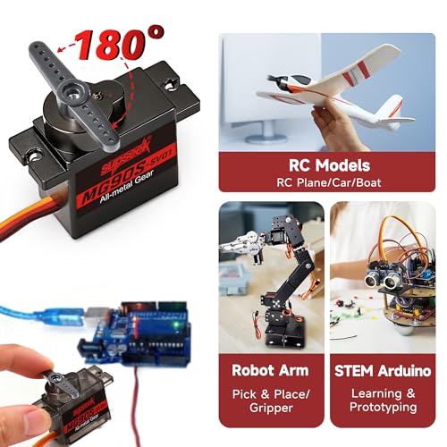 MG90S 9g Micro Servo Motor Kit, Metal Gear 2.0 kg-cm High Torque, 0.08 sec/60 deg 180° Rotation, for RC Plane Arduino Robotics (4pcs)