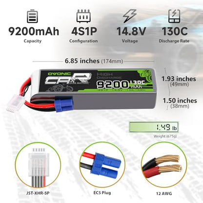 OVONIC 4S LiPo Battery 9200mAh 14.8V 130C RC Battery with EC5 Connector (2 Pack)