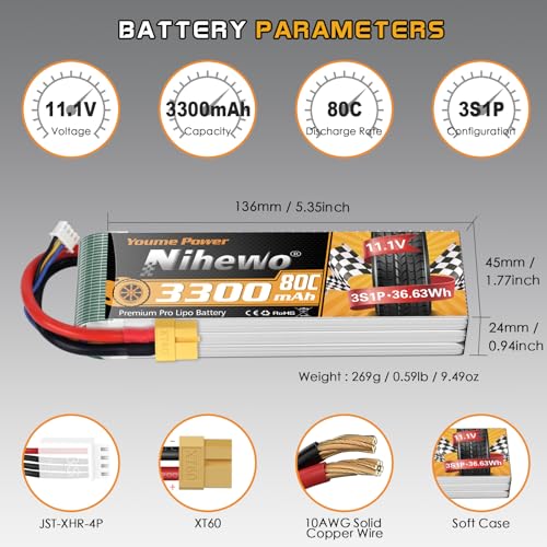3S Lipo Battery XT60 11.1V 3300mAh 80C 2pcs for RC Truck Drone Boat | 3S Battery 11.1V 3300mAh 80C XT60 Connector Compatible with Axial E-flite RC Plane Helicopter Quadcopter Car Vehicle Models
