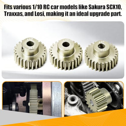 3PCS 48P Pinion Gear Set 7075 Aluminum Alloy 3.175mm Shaft 25T 26T 27T with Screws & Hex for 1/10 RC Arrma Traxxas HPI Sakura Losi Axial SCX10 Tamiya Monster Truck Buggy Motor Gears Upgrade - size: 25 26 27T